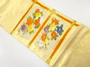 格子に牡丹・椿模様　刺繍　袋帯